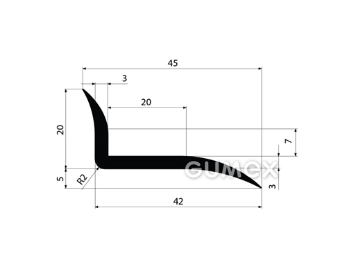 Pryžový profil tvaru "L", 25x45/3mm, 70°ShA, EPDM, -40°C/+100°C, černý